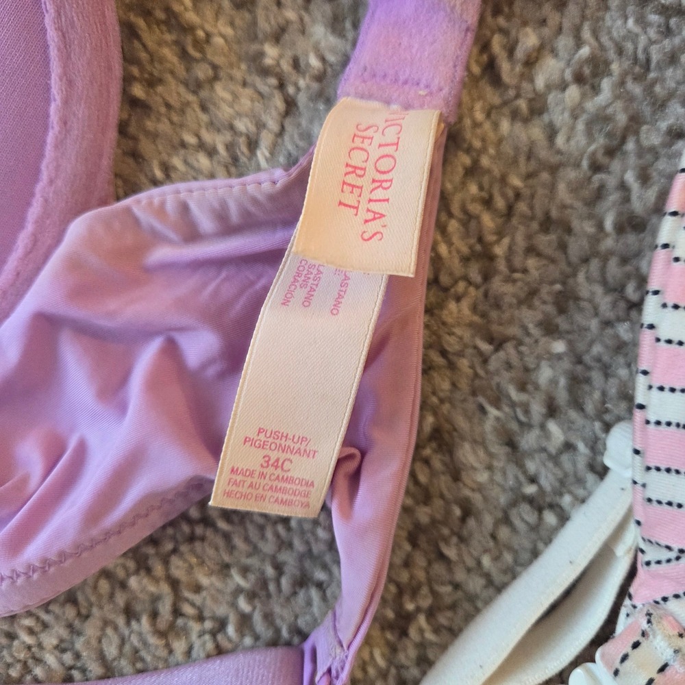 Victoria's Secret Push Up Bra 34C Leopard Lace Stripe Purple Pink Lot of 3pc - Picture 13 of 14